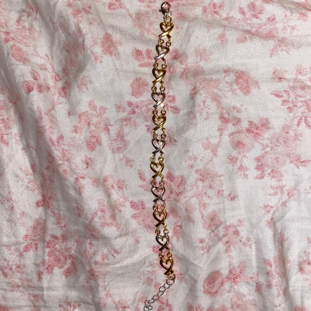 Silver and gold heart ribbon bracelet